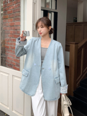蓝色蕾丝拼接飘带牛仔外套女春秋2025新款独特漂亮休闲V领小西装，女装短外套，浙宝128A