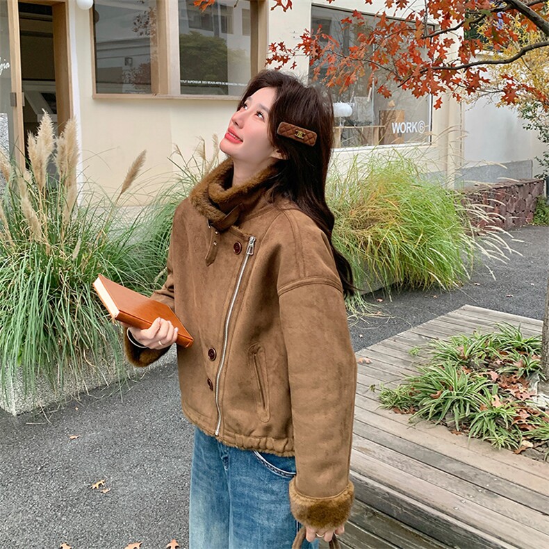 新款颗粒绒皮草外套女短款加厚麂皮绒保暖夹克羊羔毛大衣冬季,女装皮草,纯色衣恋