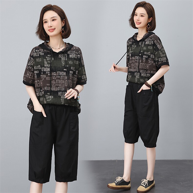 夏季冰丝休闲套装女2025新款夏装妈妈宽松洋气时尚短裤卫衣两件套,女装套装/套裙,涵誉