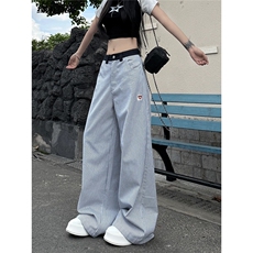 美式复古竖条纹休闲裤女夏季设计感直筒裤垂感阔腿裤XA163-P50，男装休闲裤，星座208-5