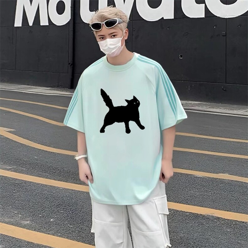 抖音得物品质二开240克宽松纯棉美式潮牌印花三条杠中性风短袖T恤,男装T恤,电商A486-1