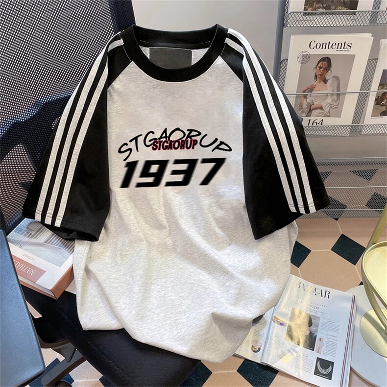 夏季美式高街重磅纯棉三条杠织带插肩撞色男女短袖T恤CZ23-特P25,男装T恤,电商A486