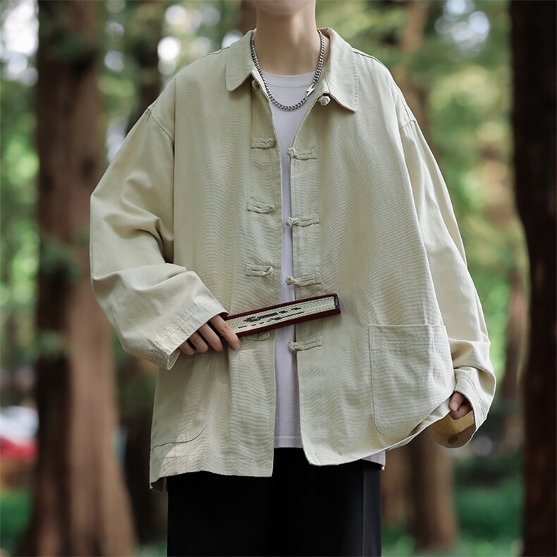 港风秋款男衬衣中山唐装盘扣纯棉休闲长袖衬衫CS4527 P45图片