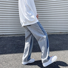 2024秋冬新款高街阴阳拼接潮牌直筒宽松牛仔裤NB64-P50控69，男装牛仔裤，星座914-3