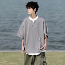 8XL-M重磅斜纹假两件短袖t恤男夏季薄款宽松大码半袖体恤DT006P45，男装T恤，电商B312