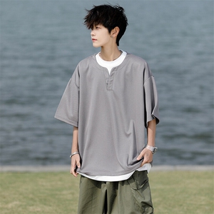 8XL-M重磅斜纹假两件短袖t恤男夏季薄款宽松大码半袖体恤DT006P45图片