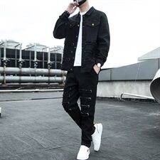 现货21春秋季新款套装男士牛仔夹克外套青少年两件套T18P95，男装套装，星座1113