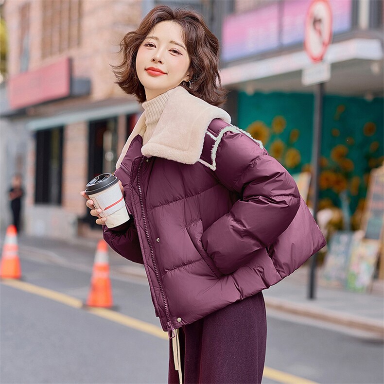 毛绒拼接翻领羽绒服女2025冬季新款休闲宽松短款超好看白鸭绒外套,女装羽绒服,慧尚依恋
