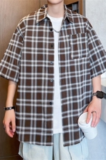 2024夏季新款港风日系复古宽松百搭翻领格子短袖衬衫男ZC736-P35，男装衬衫，星座313A(原308A-2)