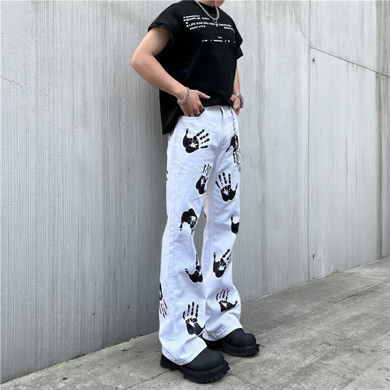 美式微喇裤子高街手掌印白色牛仔裤男女青少年潮牌炸街图案长裤潮,男装牛仔裤,电商A306-2