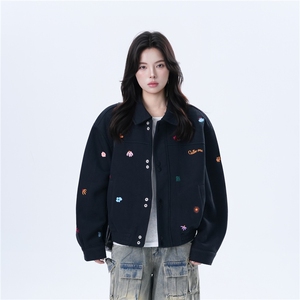 美式复古小刺绣黑色夹克女cleanfit设计感宽松外套潮HHT225P67