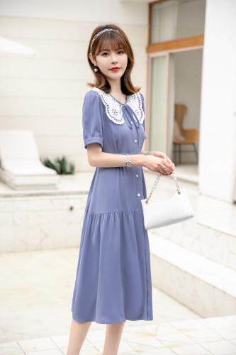 夏季新款气质淑女蕾丝白领蓝色连衣裙，女装连衣裙，水锦红