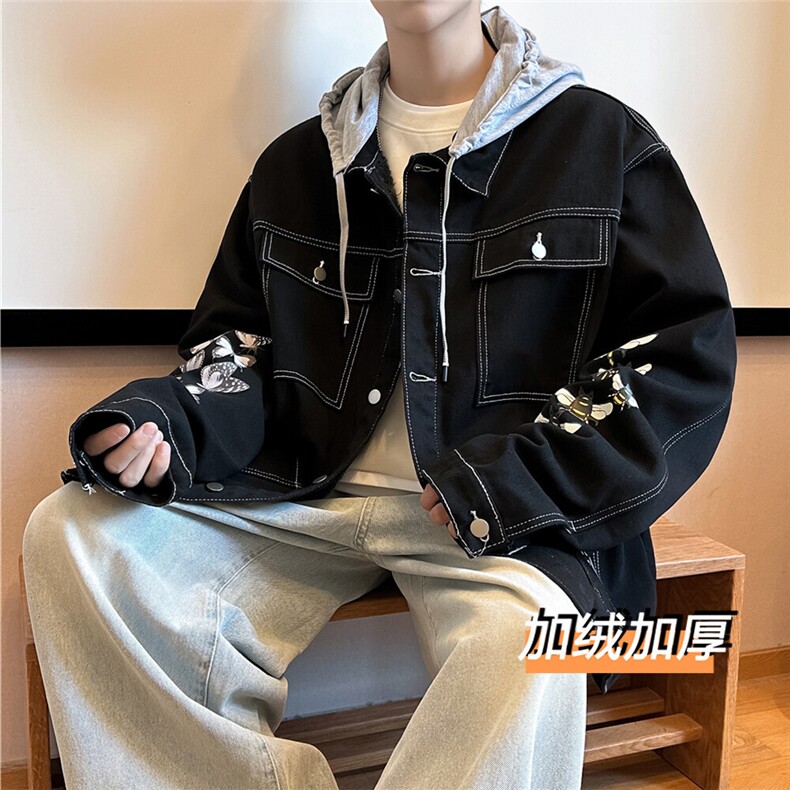 JK3028J-P95-限价138 M-5XL羊羔绒加绒牛仔夹克外套连帽棉服大码图片