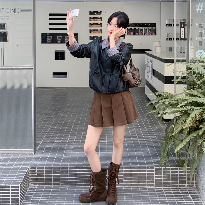 黑色假两件皮衣外套女2025年秋季新款韩系设计感休闲短款pu皮夹克,女装套装/套裙,2D148