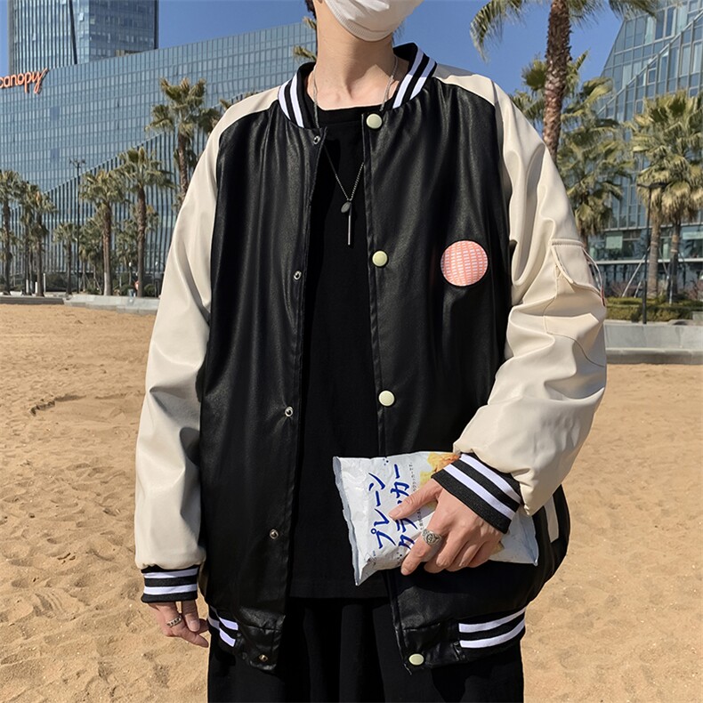ins港风潮牌复古撞色皮衣飞行员棒球服宽松机车夹克外套W524-P70,男装夹克,星座512-2