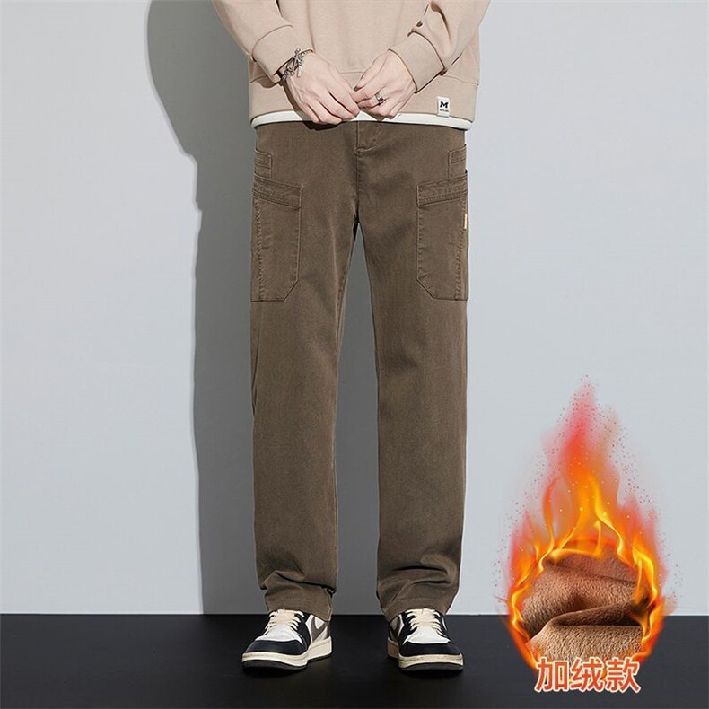 多口袋工装裤男款秋冬季保暖直筒裤加绒加厚宽松阔腿休闲长裤外贸，男装棉衣，星座224-1