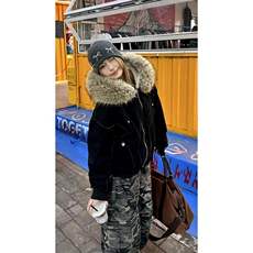 现货重磅boxy短款棉衣座山雕大毛毛领男女棉服水洗工装厚外套，男装棉衣，电商A486-1