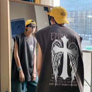 B239-1229-P23夏季男装背心/马甲/坎肩美式翅膀十字架印花无袖T恤图片