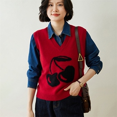 时尚樱桃图案羊毛马甲女款V领宽松显瘦百搭针织背心外套，女装马甲，迎冬羊绒