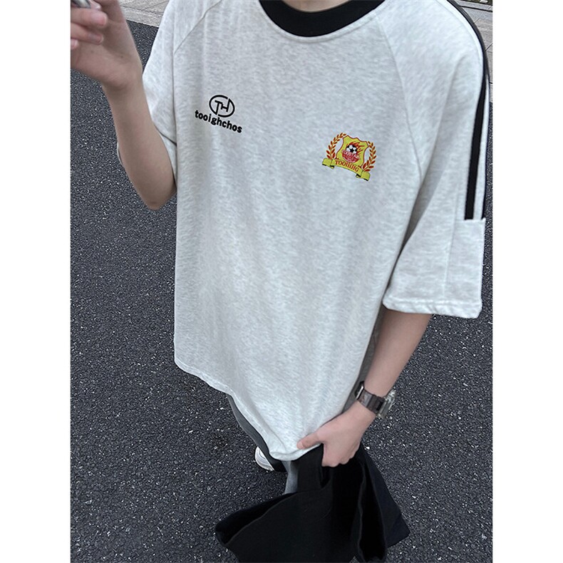 夏季美式高街重磅纯棉三条杠织带撞色男女短袖T恤ZD613-特P30图片