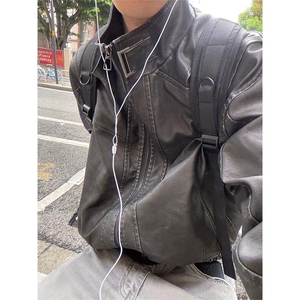 美式复古机车皮衣外套男新款小众宽松潮牌PU皮夹克LJ90266-P90图片