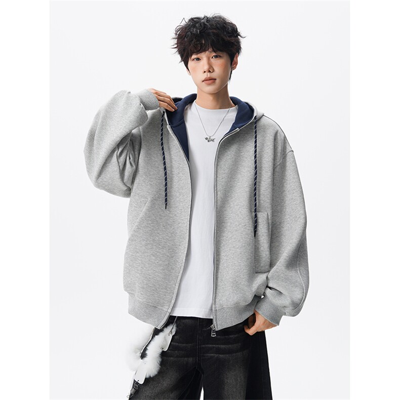 8XL-M秋连帽卫衣男宽松休闲纯色拉链开衫外套拼色帽衫运动WY27P65图片