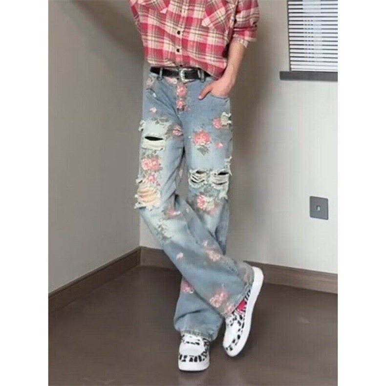 美式高街满印破洞牛仔裤男潮牌设计感水洗弯刀裤直筒裤L33111-P50,男装牛仔裤,星座1008