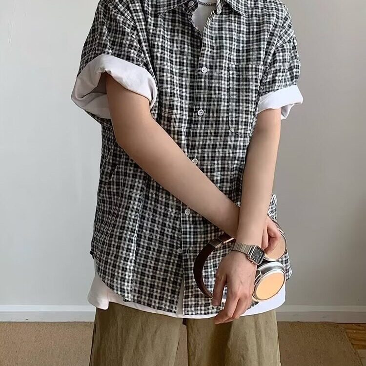 网络图现货春夏棉格子短袖衬衫细格纹清新轻商务衬衣寸衫RC85-P55,男装T恤,星座1005-6
