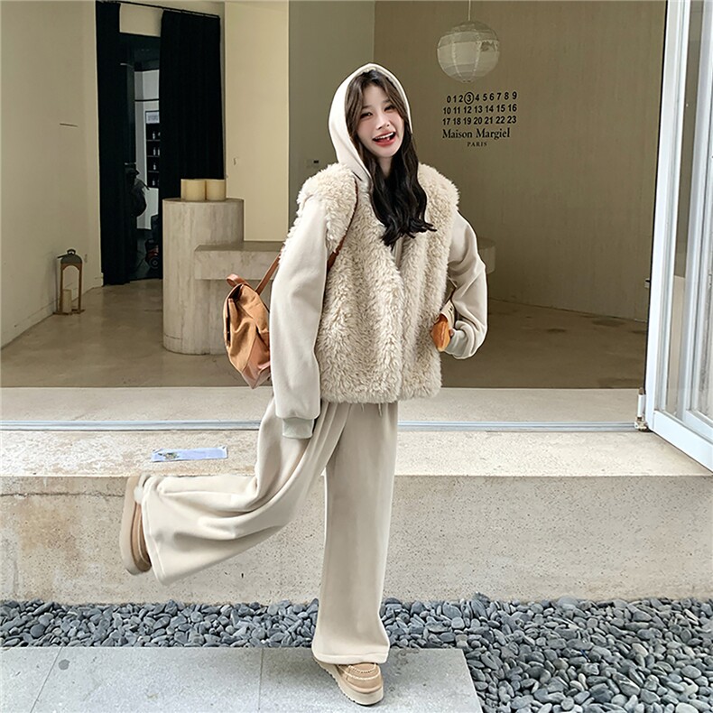 韩系羊羔毛马甲套装女2025年冬季新款慵懒风连帽卫衣阔腿裤三件套,女装棉衣/棉服,2D078