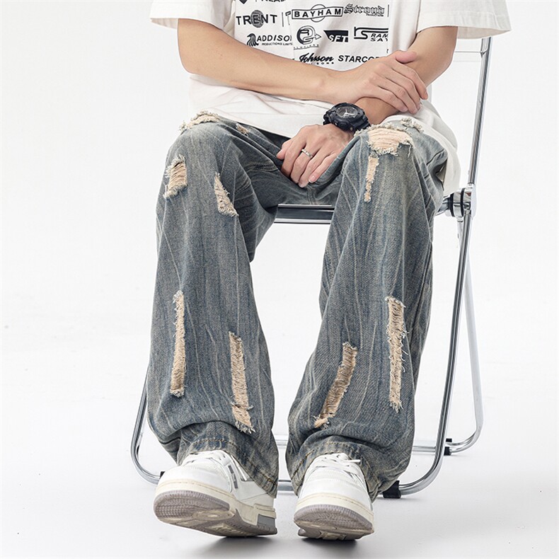 美式做旧破洞牛仔裤男潮牌直筒宽松微喇裤痞帅炸街长裤G31399-p47,男装牛仔裤,星座1008