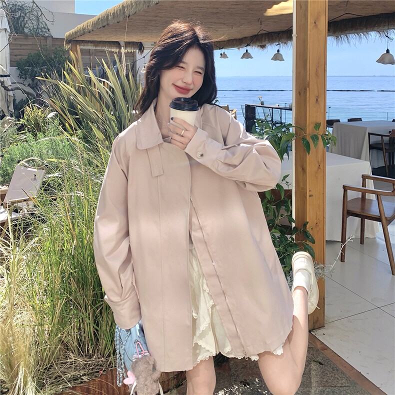 新品现货26春装粉色蕾丝拼接袖口韩版休闲中长风衣外套女,女装风衣,苗苗