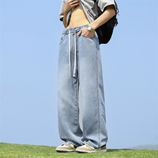 wassuphappy天丝牛仔裤子男夏季2025新款直筒阔腿裤运动休闲长裤，男装牛仔裤，星座1006