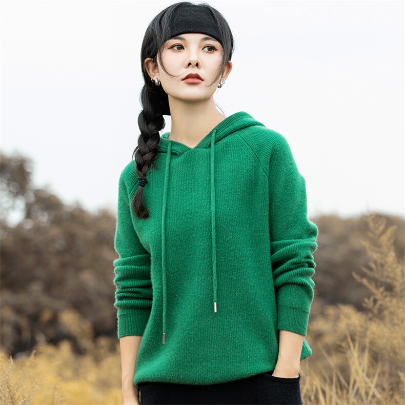 秋冬100针织卫衣帽衫女加厚长袖套头气质休闲连帽上衣毛衣，女装羊毛衫，魅途羊绒