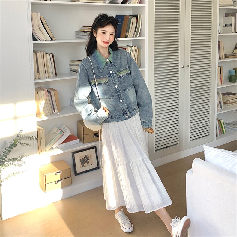 韩版复古渐变色翻领牛仔外套女2025年春秋季新款显瘦流行夹克上衣,女装短外套,2C269