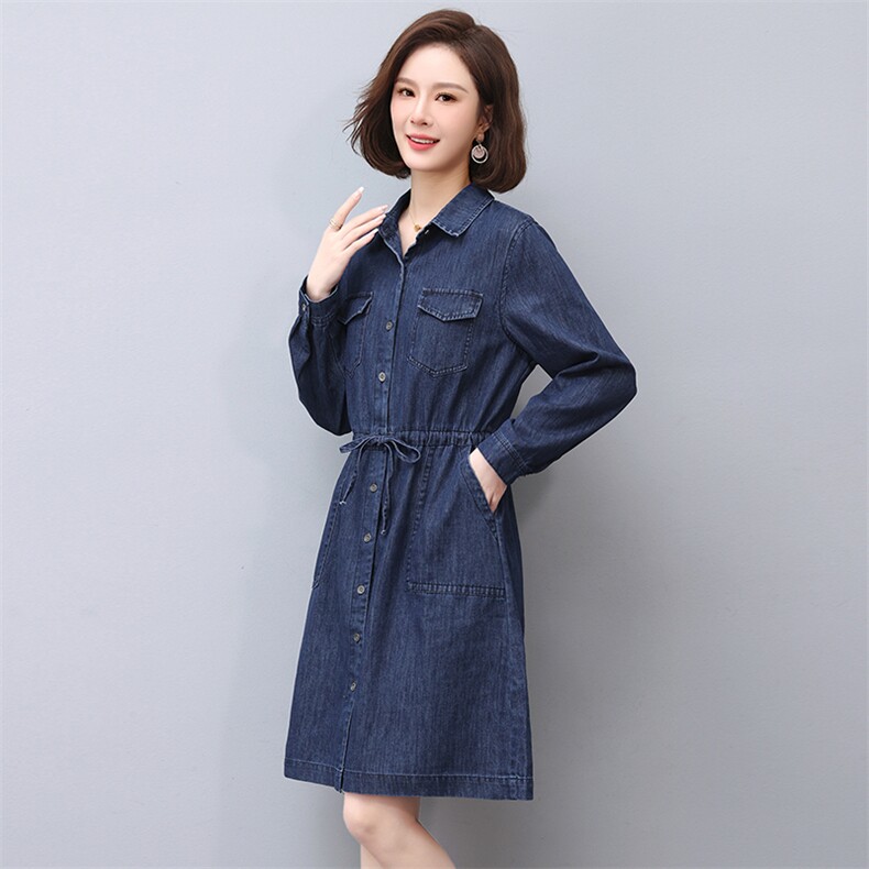 2023年春季新款复古通勤收腰大口袋牛仔连衣裙女显瘦长袖衬衫裙潮,女装连衣裙,希欧阁
