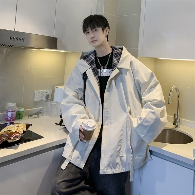 风衣男韩版潮拼色连帽2023冬季新款ins宽松百搭夹克外套W3901-P49图片