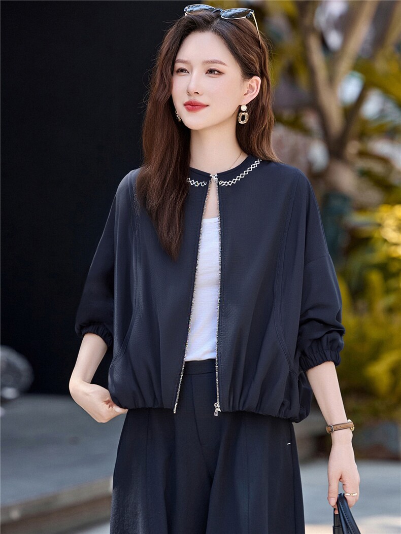 撞色刺绣圆领短外套女2025秋季新款小个子休闲百搭超好看夹克上衣,女装短外套,鑫鑫美