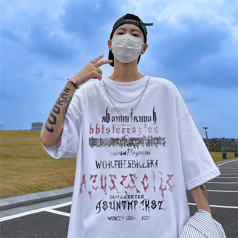 港风个性字母印花百搭带链条短袖圆领丐版T恤DT6342P40控58,男装T恤,电商A268A