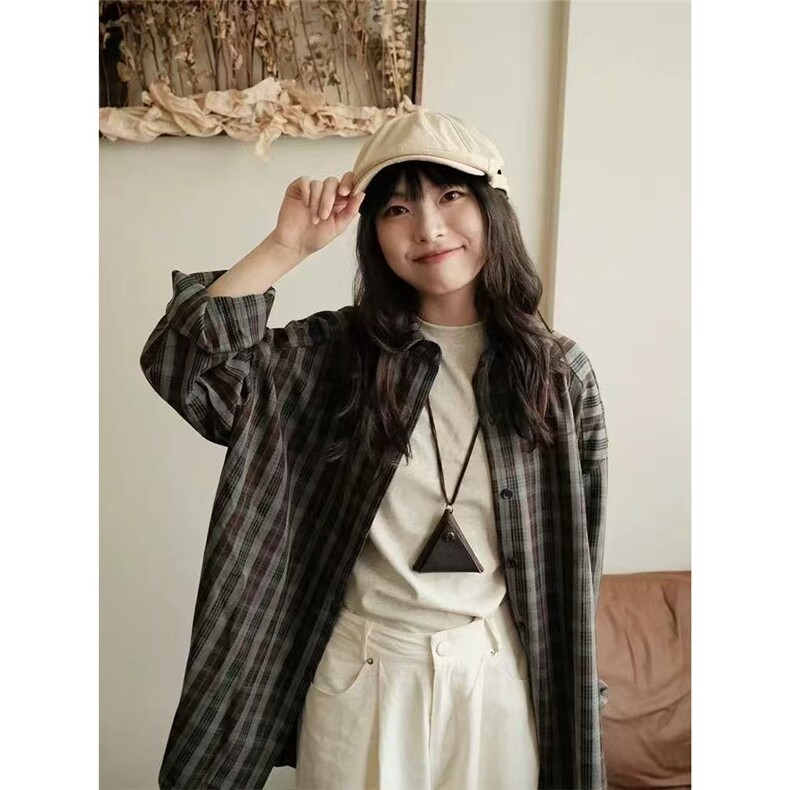 咖灰色格子衬衫女春秋新款宽松薄款小个子防晒衬衣复古设计感外套,男装防晒衣,星座1210-1
