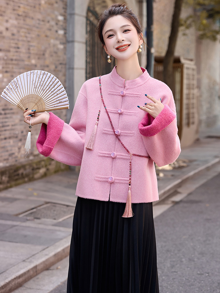 新中式双面羊毛短外套女2025秋冬新款高级感复古盘扣毛呢大衣,女装毛呢外套,玖莱伊
