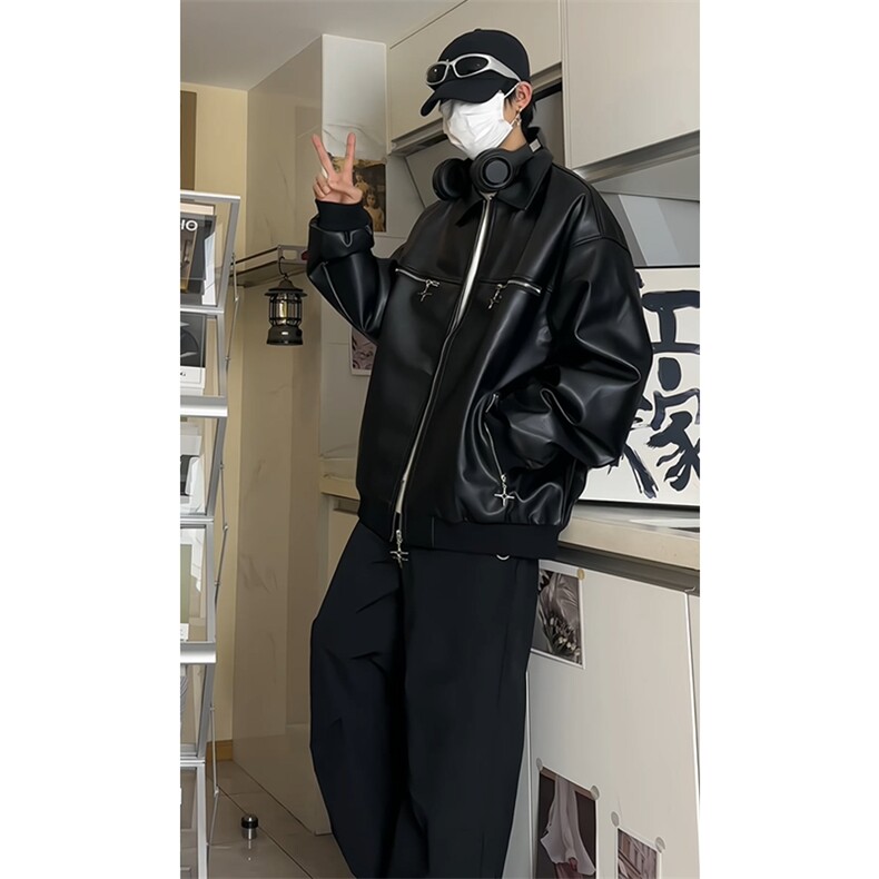 PU皮夹克四芒星双开拉链外套视频切片（现货）1213-DY153-P95,男装夹克,星座1213