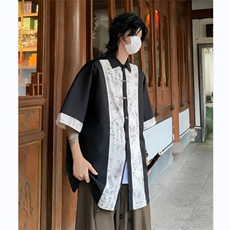 新中式衬衫男士短袖拼色百搭金属扣翠竹宽松帅2024外套CY842-P41，男装衬衫，星座412-3