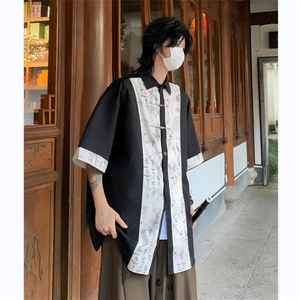 新中式衬衫男士短袖拼色百搭金属扣翠竹宽松帅2024外套CY842-P41图片