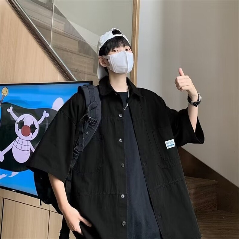 日系复古工装纯棉短袖衬衫男夏季薄款宽松男生半袖衬衣外套,男装衬衫,星座410-7