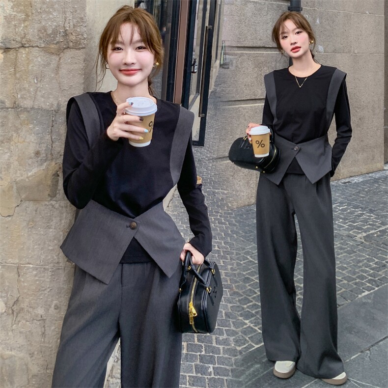 红入秋搭配一整套女高级感T恤阔腿裤两件套时髦独特绝美,女装套装/套裙,尚娜萱