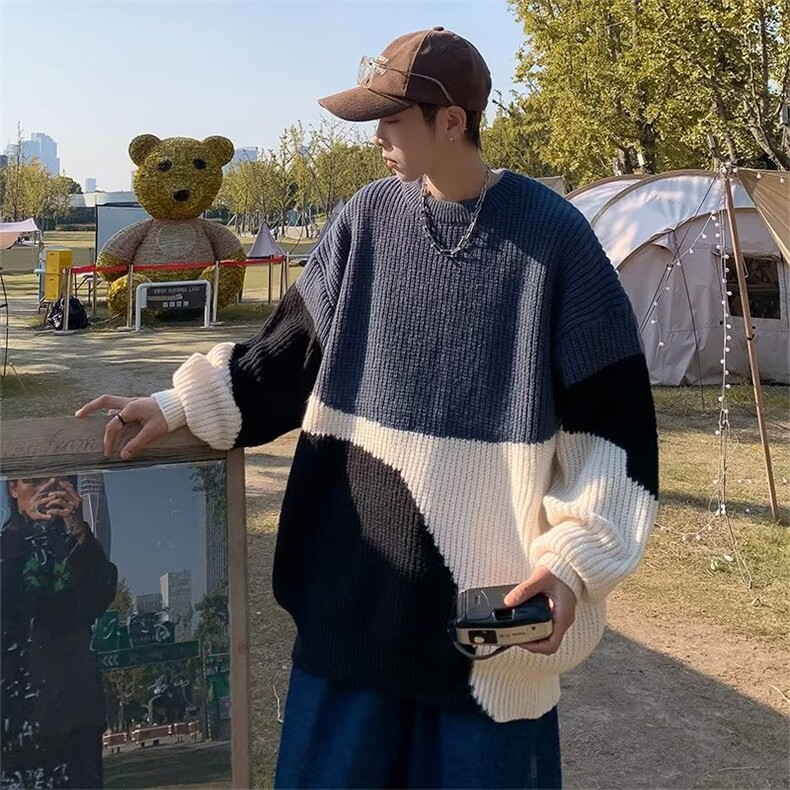 撞色毛衣男2023秋冬小众设计感时尚潮牌针织衫慵懒风线衣宽松外套,男装针织衫/毛衣,星座716-4