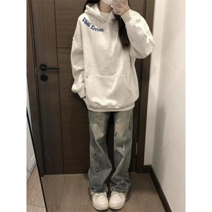 CX221-P47 美式潮牌灰色连帽卫衣女秋冬季新款加绒加厚宽松慵懒图片