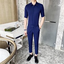 夏季中袖条纹衬衫套装男九分裤两件套七分袖衬衣A470-LJT05，男装衬衫，电商A207
