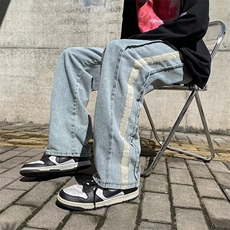 牛仔裤秋冬季潮流直筒阔腿休闲长裤织带拼接宽松裤子K5421-P42，男装休闲裤，星座512-2