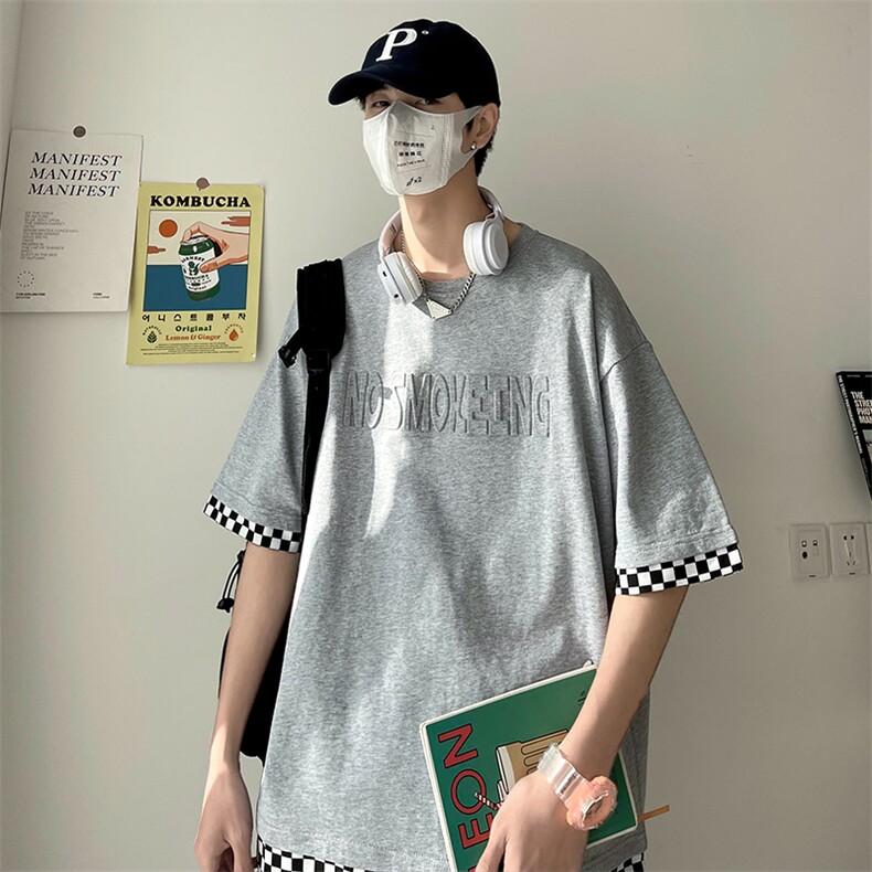 新品短袖港风T恤凹凸印棋盘格i男士宽松ns潮牌TC3108-P28,男装T恤,星座717